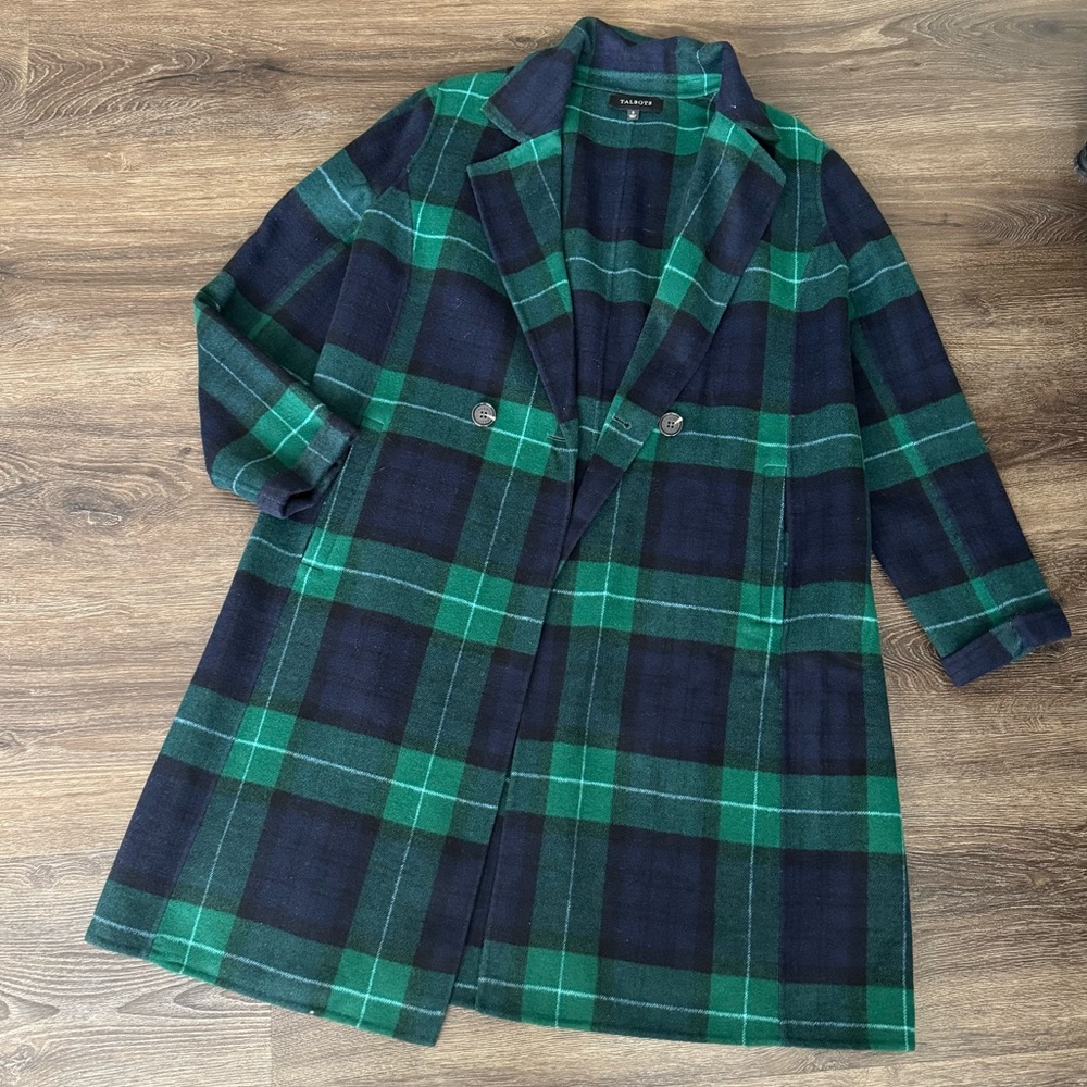 New! Talbots Green and Blue Checkered boiled merino wool long Jacket